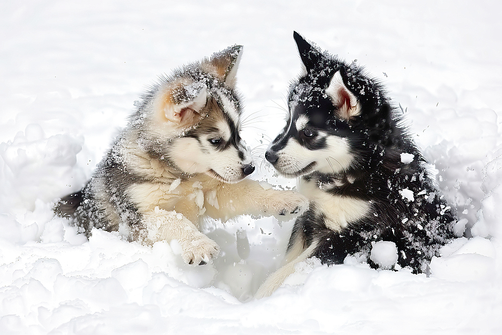 AI generated image of Two cute Alaskan Husky pups playing in snow