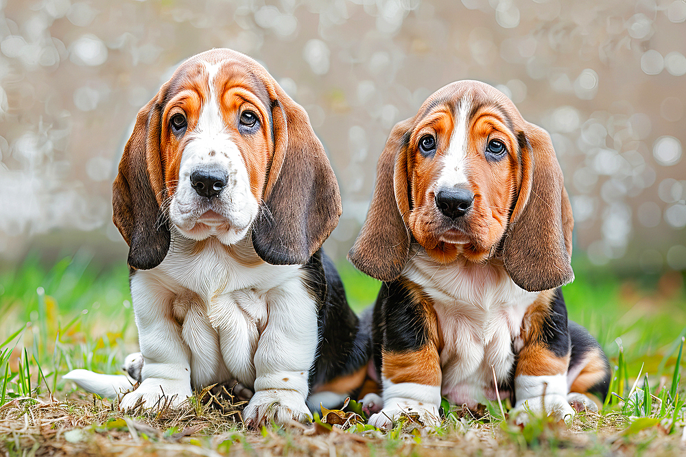 AI generated image of Two cute Basset hound pups sitting in the grass