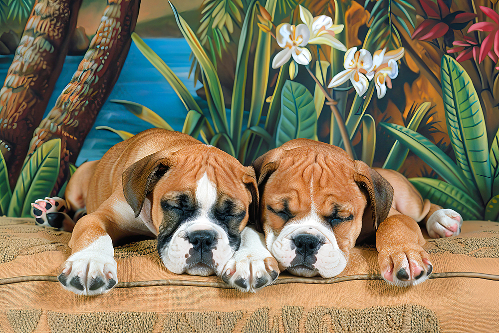 AI generated image of Two cute boxer pups sleeping on cushions