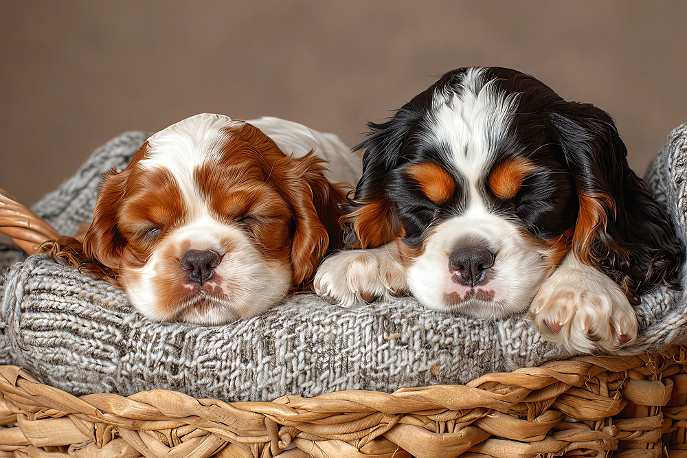 AI generated image of Two cute Cavalier King Charles Spaniel pups sleeping in a wicker basket