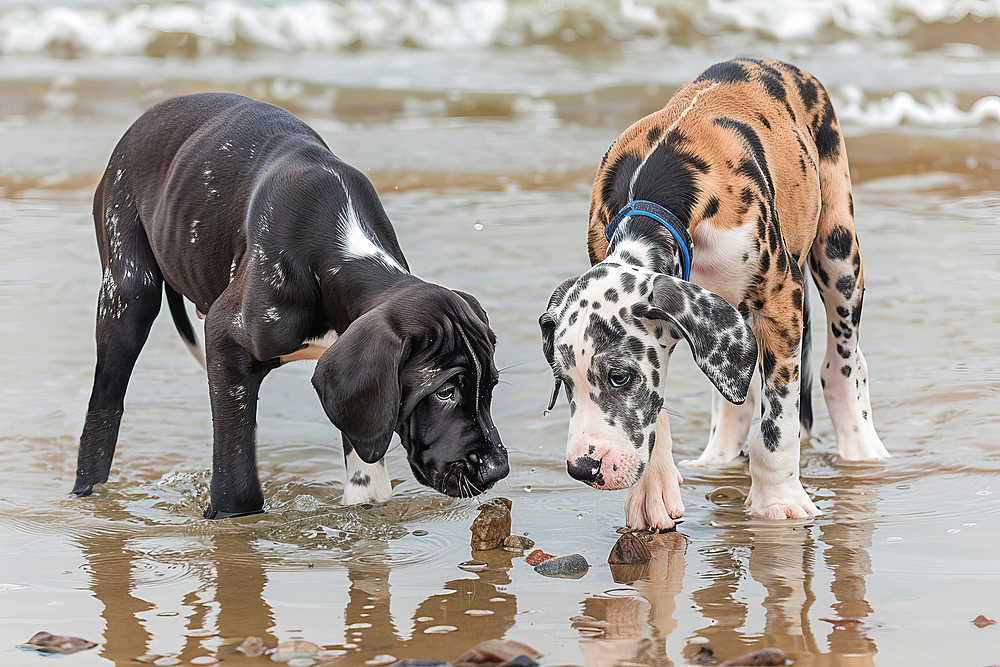 AI generated image of Two cute Great Dane pups in the water