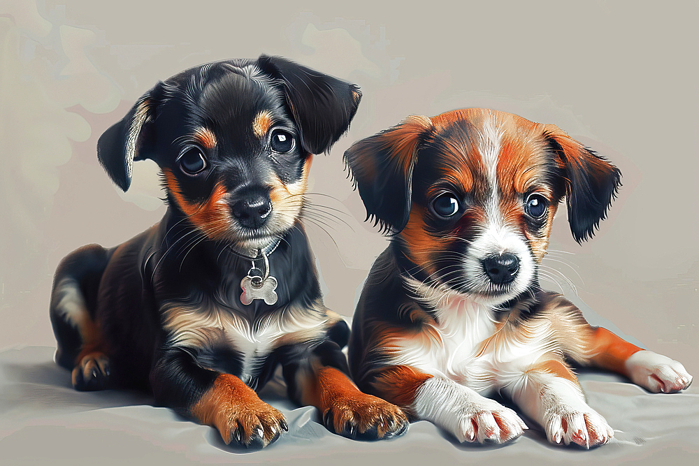 AI generated image of Two cute pocket Dog pups seated on ground