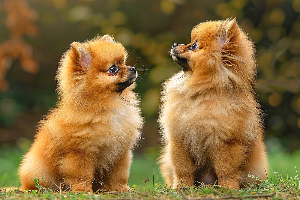 AI generated image of Two cute Pomeranian pups looking at each other