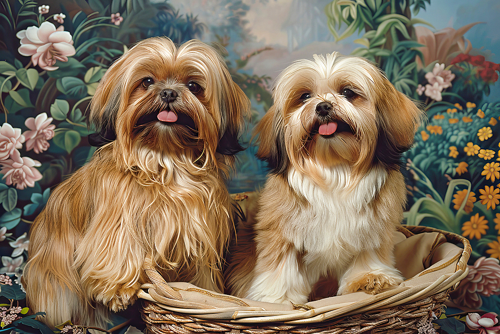 AI generated image of Two cute Lahsa Apso pups in a wicker basket and looking ahead