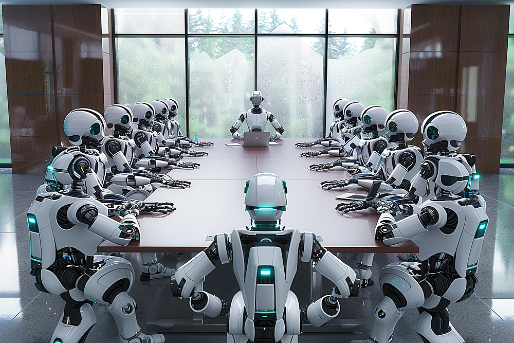 AI generated image of a Group of humanoid cyborgs seated around a big meeting table in a conference room