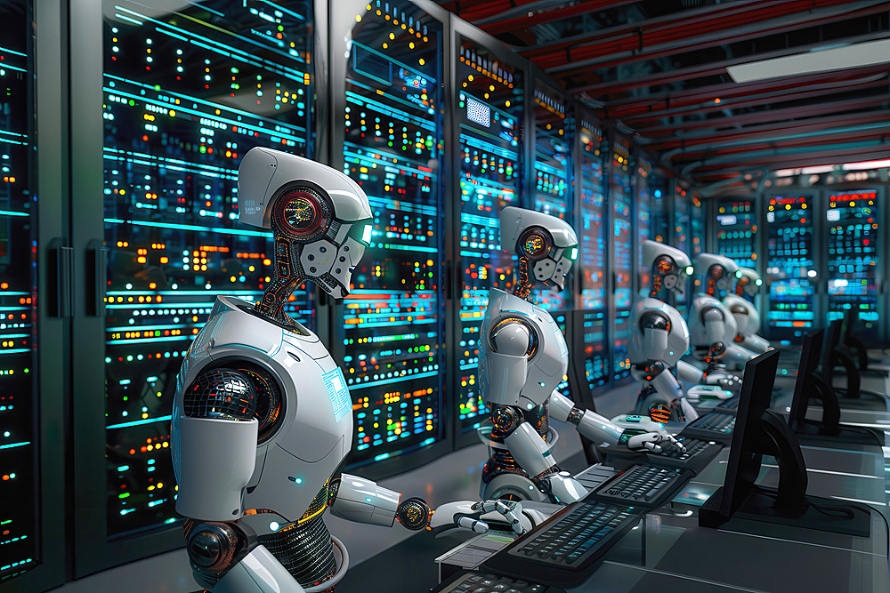 AI generated image of a Group of humanoid robots working on computers in a data center