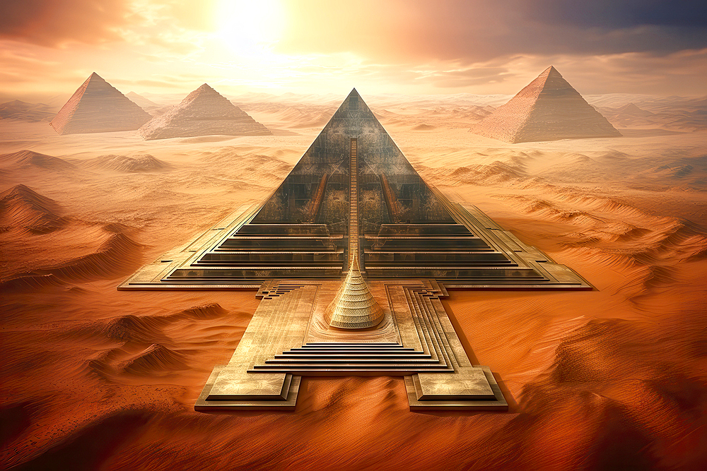 AI generated image of a Pyramids in the desert, Symbol of the life after death and embodying the union of earth and heaven