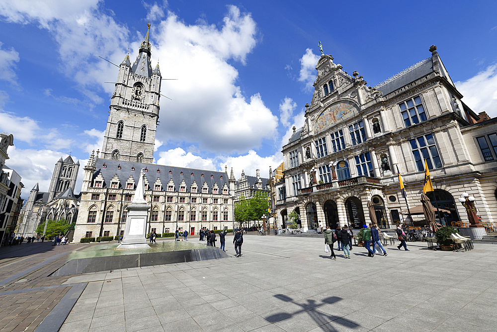 The 14th century Ghent Belfry, UNESCO World Heritage Site, and Saint Bavo square, Ghent, Flanders, Belgium, Europe