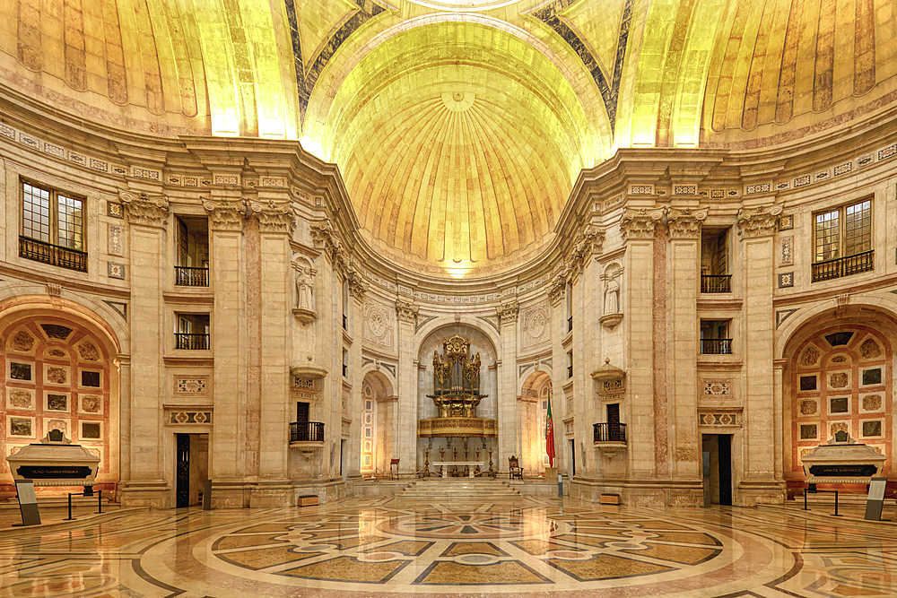 Church of Santa Engracia converted into National Pantheon, Central crossing and naves polychromed marble patterns and pipe organ, Lisbon, Portugal