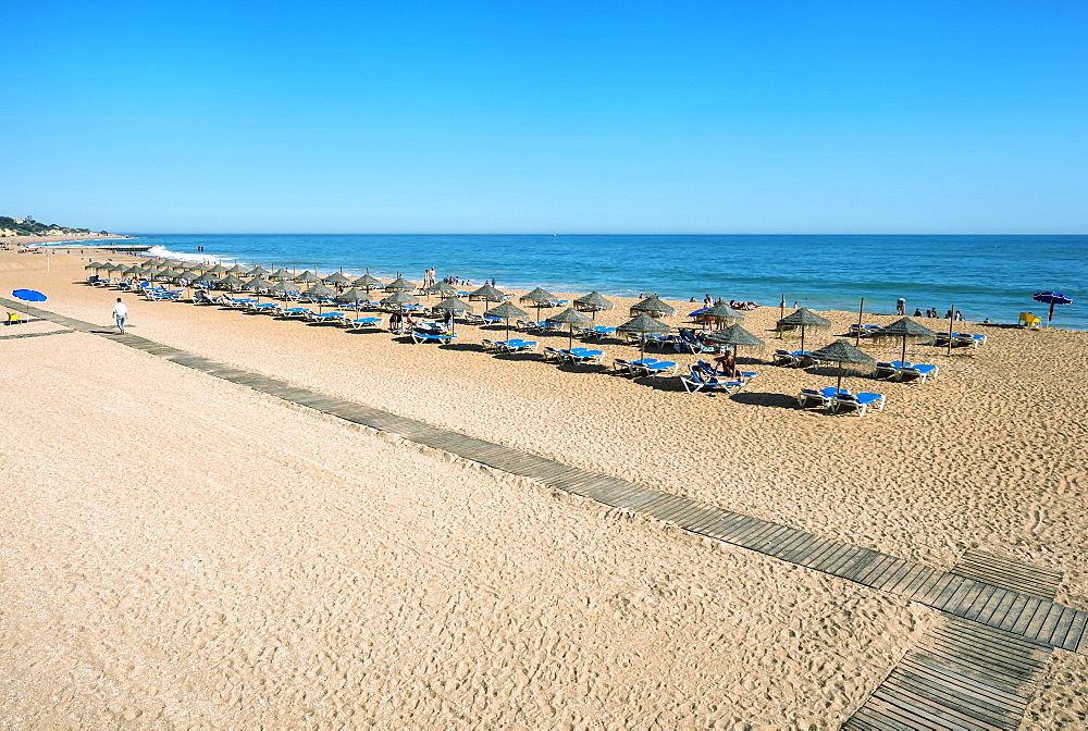 Umbrellas and beach chairs, Fisherman's Beach (Praia dos Barcos), Albufeira, Algarve, Portugal, Europe