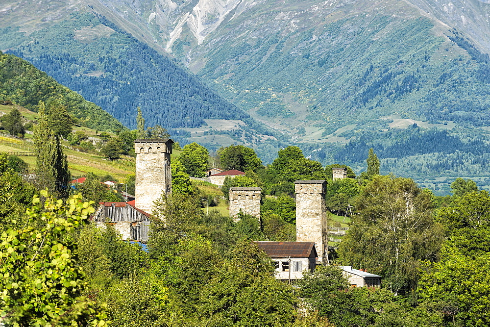 Traditional medieval Svanetian tower houses, Lashtkhveri village, Svaneti region, Georgia, Caucasus, Asia