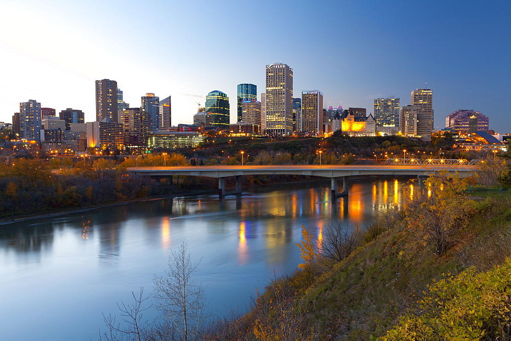 View of the Edmonton Skyline reflected in the North Saskatchewan River, Edmonton, Alberta, Canada, North America