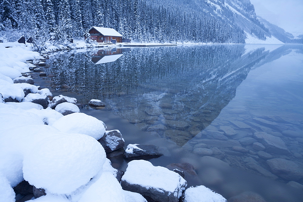 Boat house at Lake Louise, Banff National Park, UNESCO World Heritage Site, Rocky Mountains, Alberta, Canada, North America