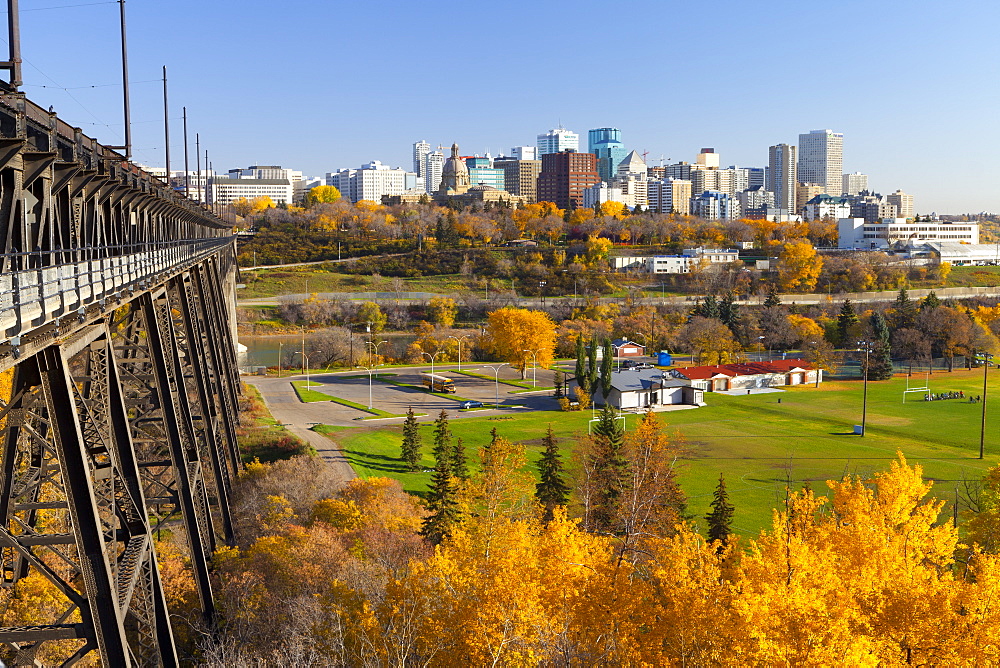 View of the Edmonton Skyline and the High Level Bridge in autumn, Edmonton, Alberta, Canada, North America