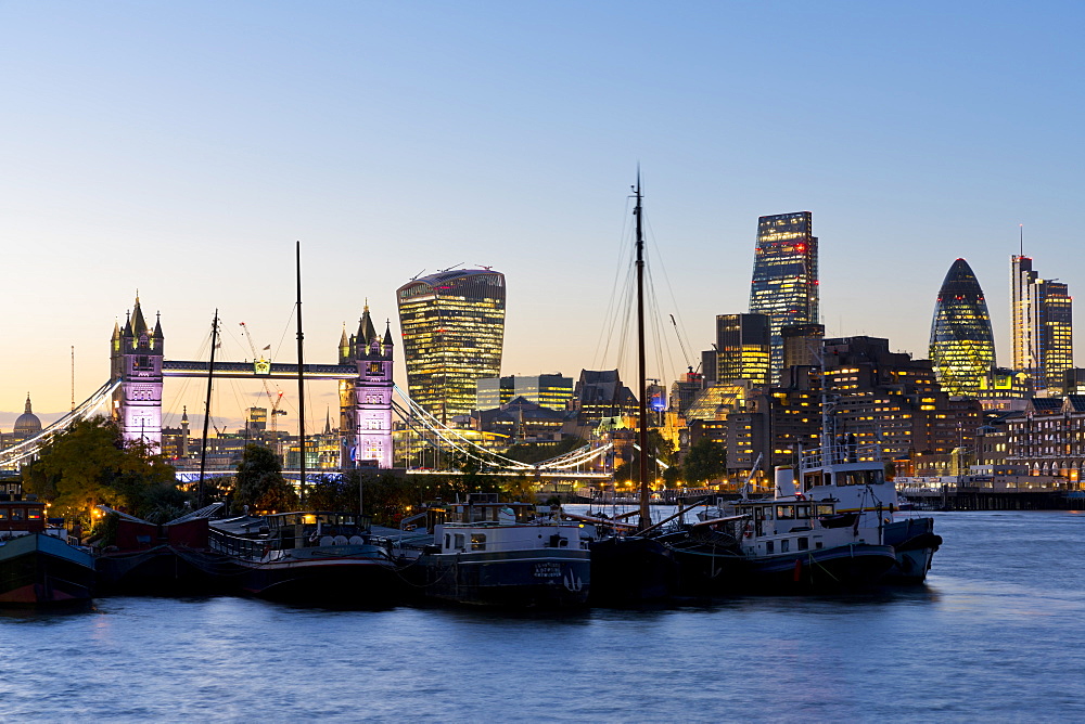 View of the Financial District of the City of London, Tower Bridge and the River Thames, London, England, United Kingdom, Europe