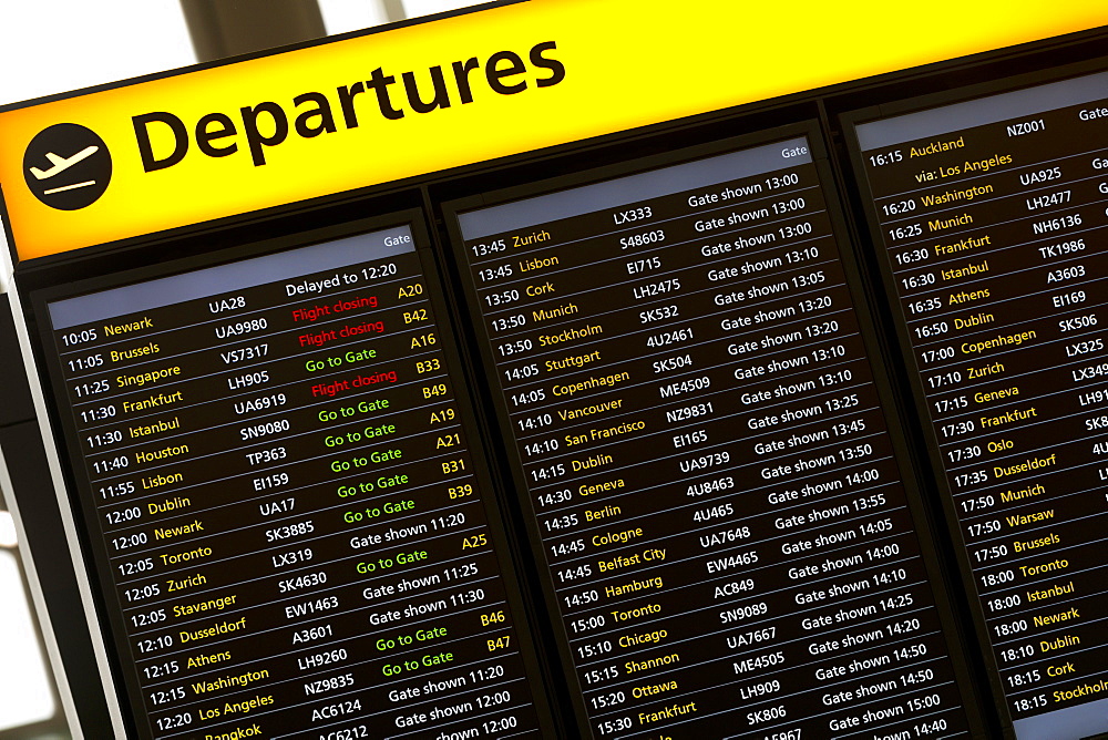 Departures Sign in London Heathrow Airport, London, England, United Kingdom, Europe