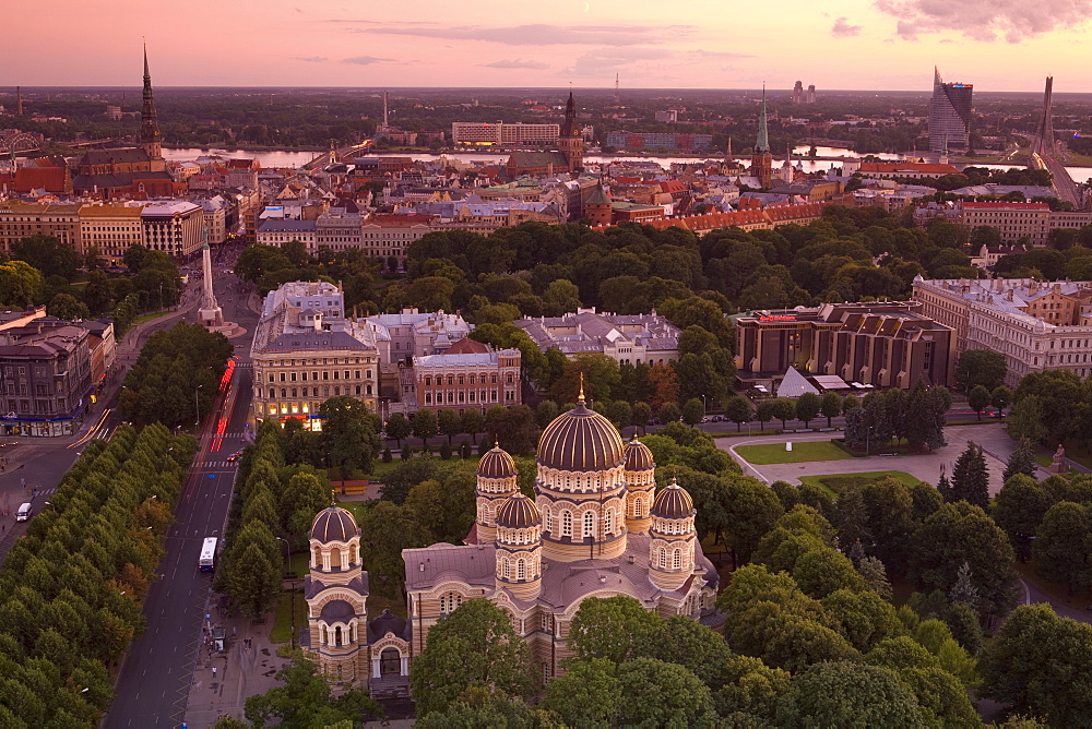 Elevated view at dusk over Old Town, UNESCO World Heritage Site, Riga, Latvia, Europe