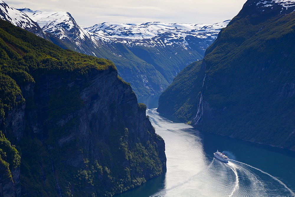 Cruise Boat on Fjord, Geiranger, Geiranger Fjord, UNESCO World Heritage Site, More og Romsdal, Norway, Scandinavia, Europe