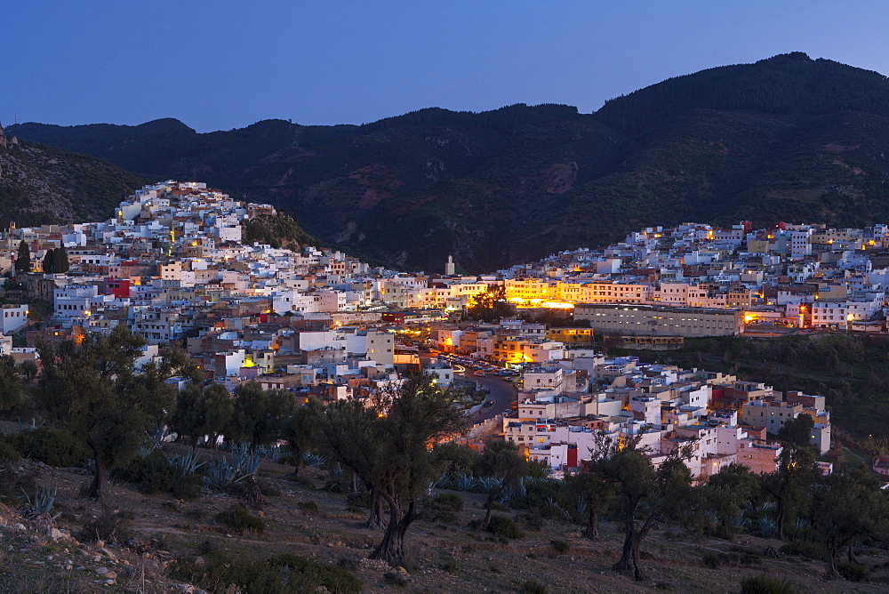 Elevated view over the historic hilltop town of Moulay Idriss at dusk, Morocco, North Africa, Africa