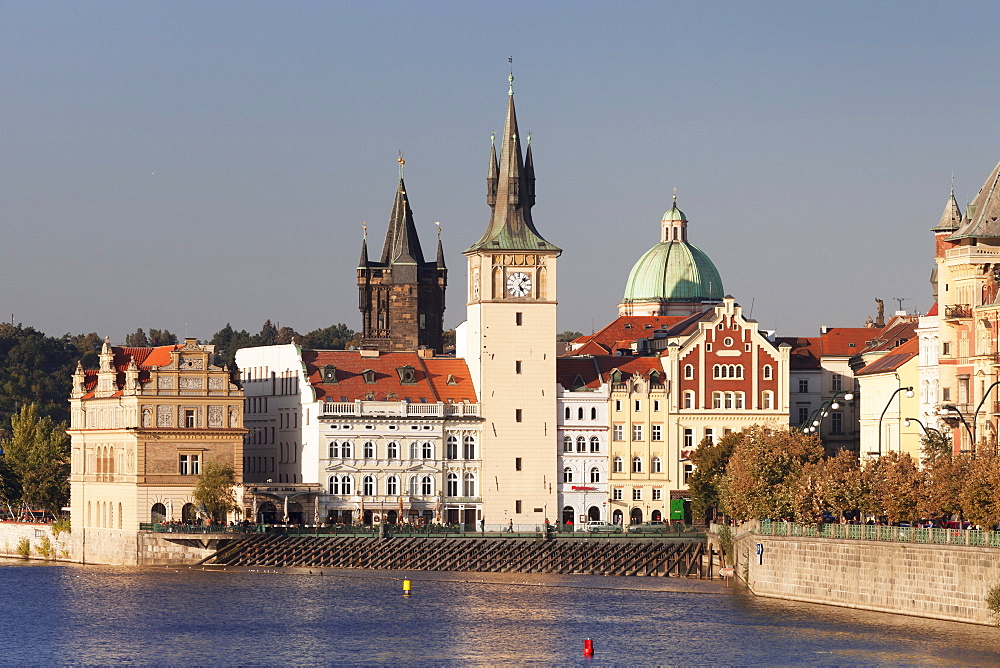 View over the River Vltava to Smetana Museum, Dome of St. Francis Church and Old Town Bridge Tower, Old Town (Stare Mesto), Prague, Bohemia, Czech Republic, Europe