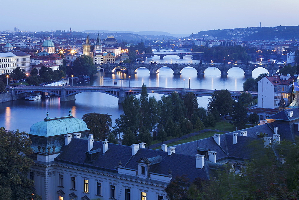 Vltava River with the bridges, Charles Bridge, UNESCO World Heritage Site, and the Old Town with Old Town Bridge Tower, Prague, Bohemia, Czech Republic