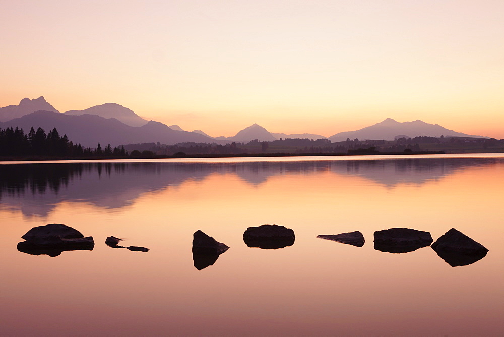 Sunset at Hopfensee Lake, near Fussen, Allgau, Allgau Alps, Bavaria, Germany, Europe 