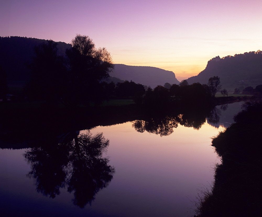 Schloss Werenwag Castle and Danube River at sunset, Danube Valley, Upper Danube Nature Park, Swabian Alb, Baden Wurttemberg, Germany, Europe