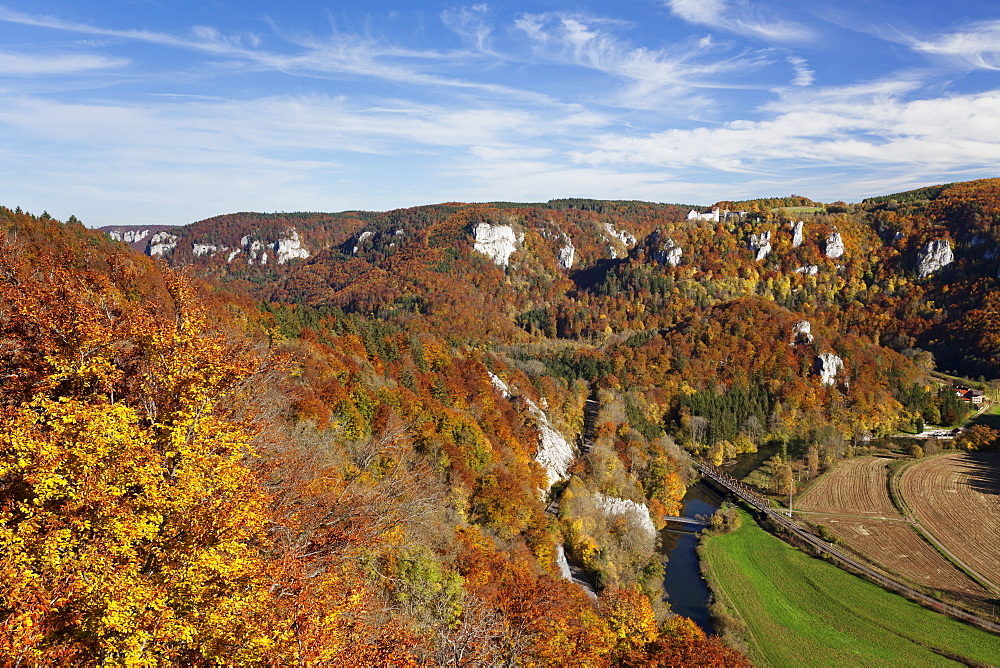 View on Burg Wildenstein Castle and Danube Valley in autumn, Upper Danube Nature Park, Swabian Alb, Baden Wurttemberg, Germany, Europe