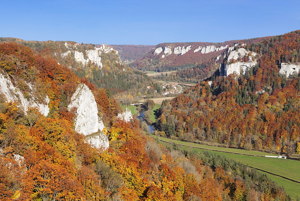 View from Eichfelsen Rock on Schloss Werenwag Castle and Danube Valley, Upper Danube Nature Park, Swabian Alb, Baden Wurttemberg, Germany, Europe