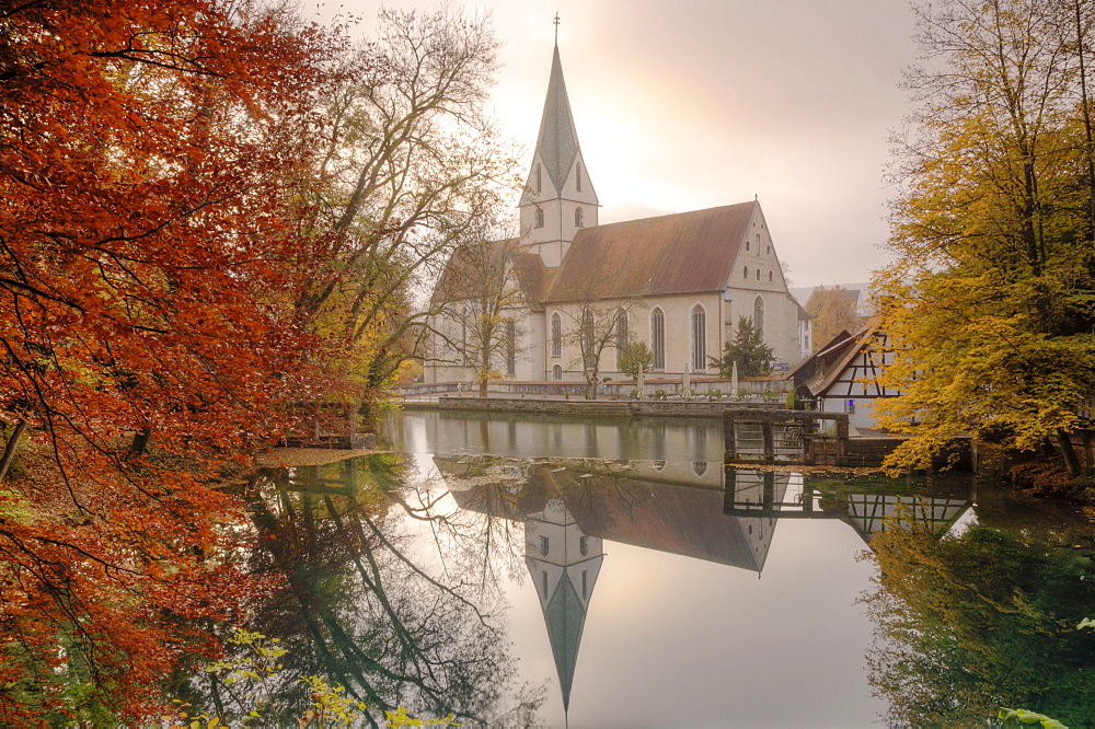 Church of Blaubeuren Monastry reflecting in Blautopf Spring, Blaubeuren, Swabian Alb, Baden Wurttemberg, Germany, Europe