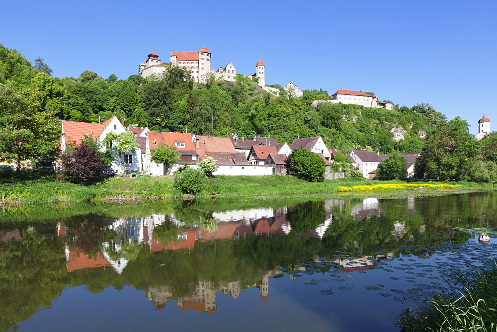 Harburg Castle reflecting in Wornitz River, Harburg, Romantic Road, Bavarian Swabia, Bavaria, Germany, Europe