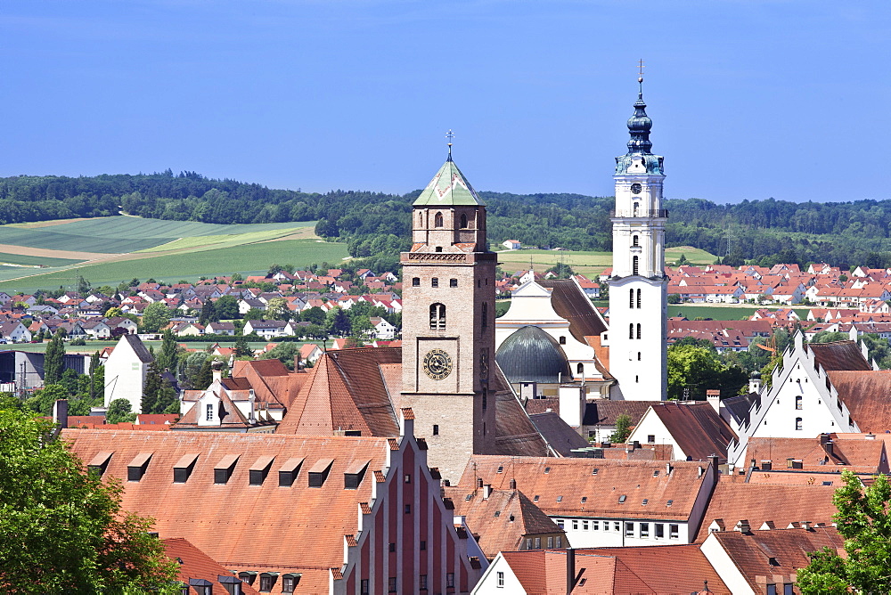 Donauworth with Liebfrauenmunster Church and pilgrimage church Heilig Kreuz, Romantic Road, Bavarian Swabia, Bavaria, Germany, Europe