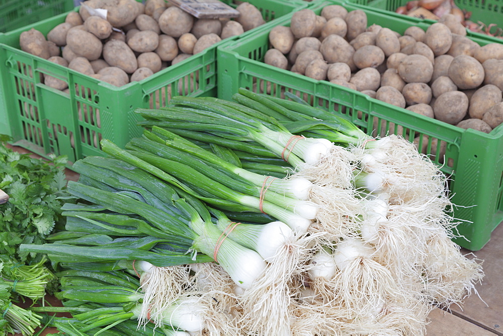 Onions and potatoes at a market stall, weekly market, market place, Esslingen, Baden Wurttemberg, Germany, Europe