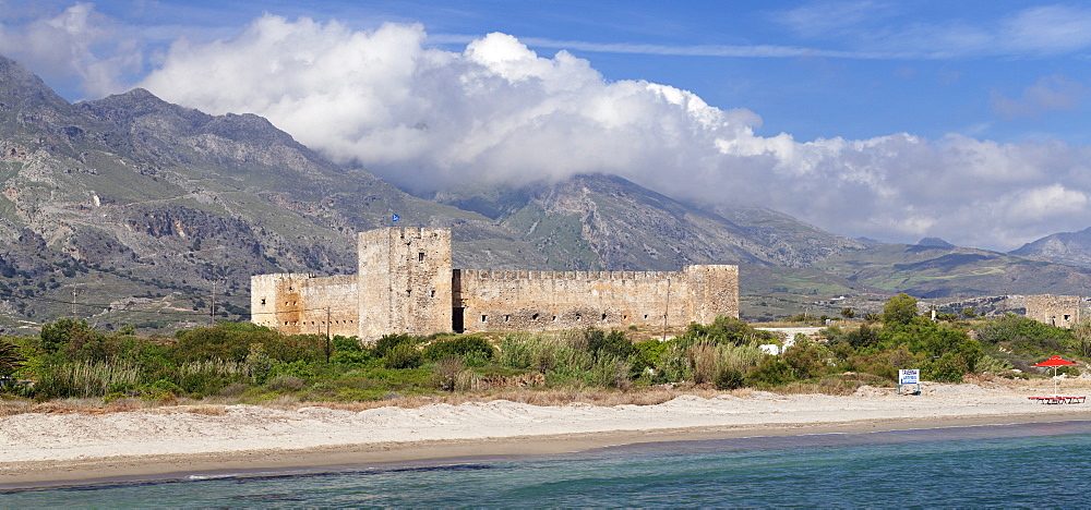 Venetian Castle in front of Lefka Ori Mountains (White Mountains), Frangokastello, Chania, Crete, Greek Islands, Greece, Europe