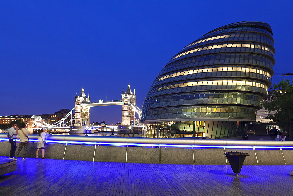 City Hall and Tower Bridge at night, London, England, United Kingdom, Europe