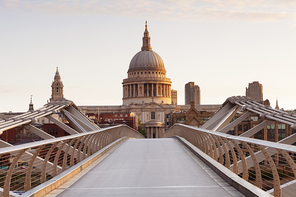 Millennium Bridge and St .Paul's Cathedral at sunrise, London, England, United Kingdom, Europe