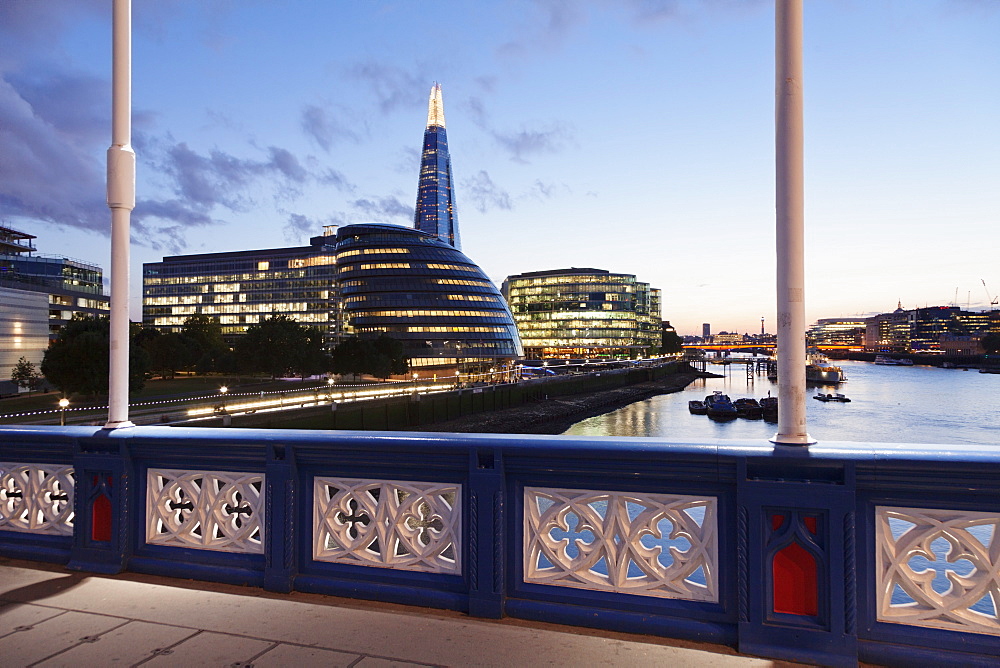 View from Tower Bridge over River Thames to Southwark with City Hall and The Shard Building, London, England, United Kingom, Europe