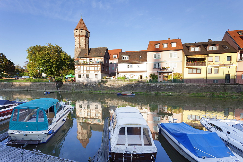 Old town with Spitzer Turm Tower, Tauber River, Wertheim, Main Tauber District, Baden-Wurttemberg, Germany, Europe