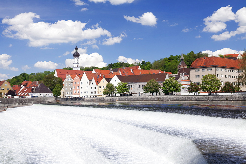 Lechwehr weir, Lech River, old town of Landsberg am Lech, Bavaria, Germany, Europe