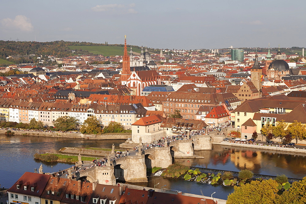 Old Bridge over the Main River, Augustinerkirche church, Grafeneckart Tower, townhall, Wurzburg, Franconia, Bavaria, Germany, Europe