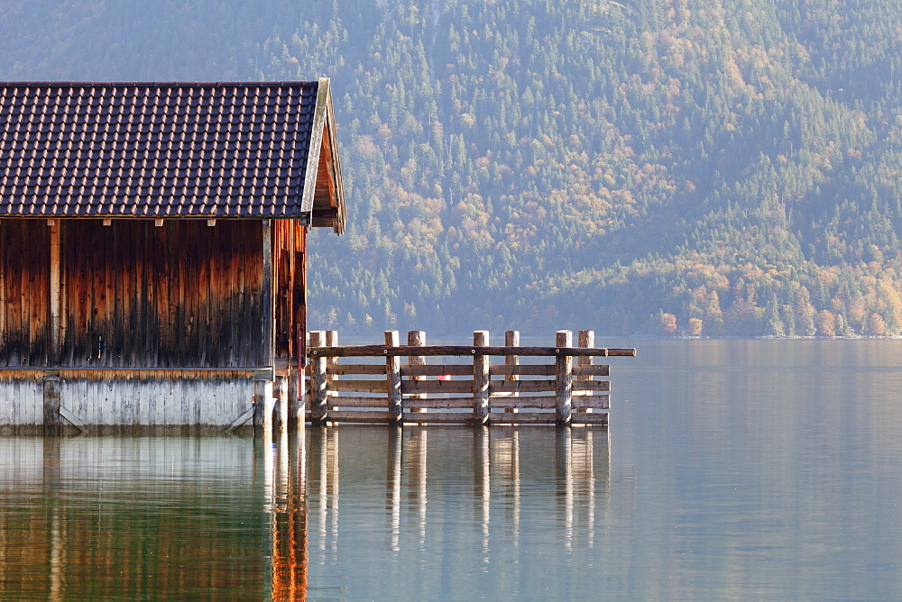 Boat house at Walchensee Lake in autumn, Bavarian Alps, Upper Bavaria, Bavaria, Germany, Europe