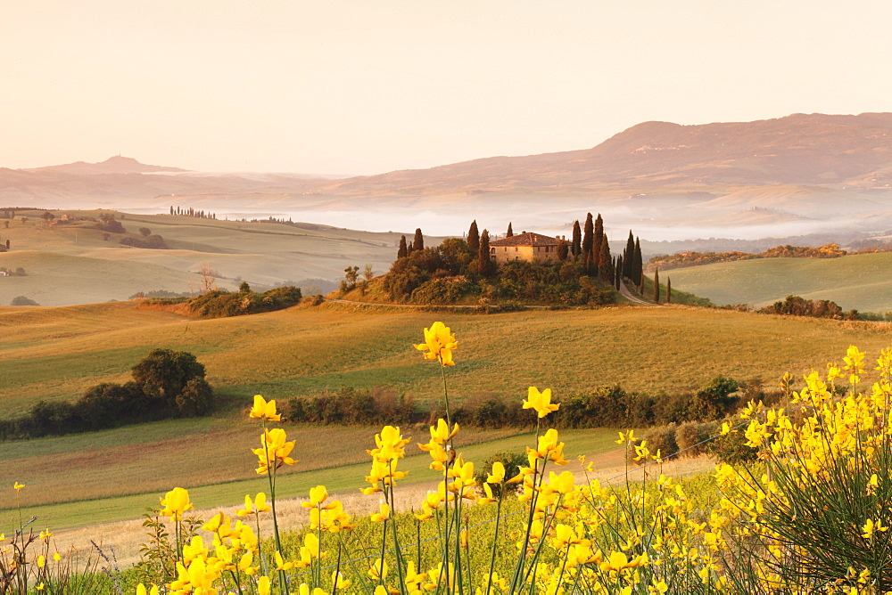 Farm house Belvedere at sunrise, near San Quirico, Val d'Orcia (Orcia Valley), UNESCO World Heritage Site, Siena Province, Tuscany, Italy, Europe