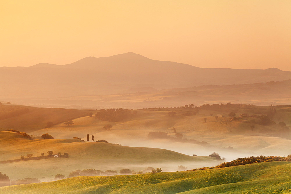 Sunrise at Val d'Orcia, near San Quirico, Val d'Orcia (Orcia Valley), UNESCO World Heritage Site, Siena Province, Tuscany, Italy, Europe