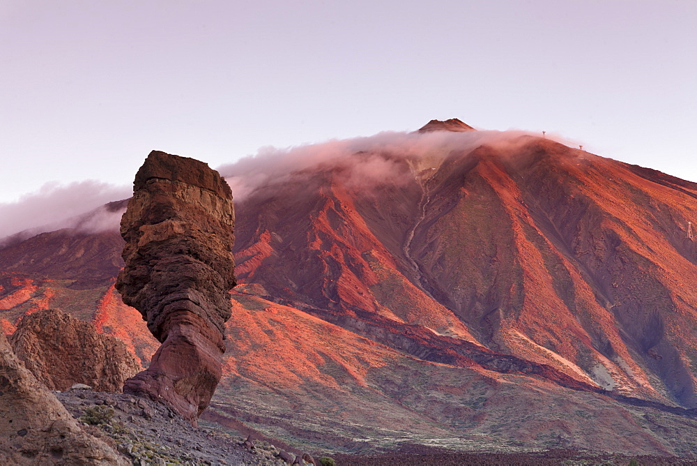 Los Roques de Garcia at Caldera de las Canadas, Pico de Teide at sunset, National Park Teide, UNESCO World Heritage Site, Tenerife, Canary Islands, Spain, Europe