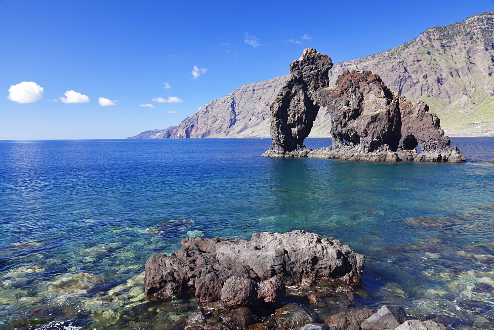 Las Playas Bay with rock arch Roque de Bonanza, UNESCO biosphere reserve, El Hierro, Canary Islands, Spain, Atlantic, Europe