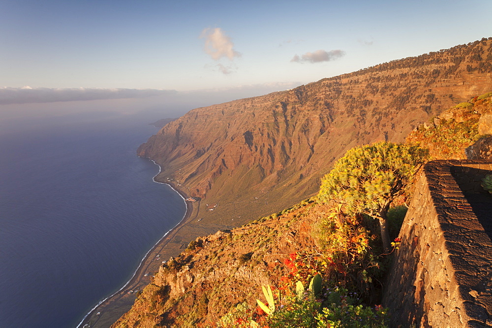 View from Mirador Isora to Las Playas Bay at sunsrise, UNESCO biosphere reserve, El Hierro, Canary Islands, Spain, Atlantic, Europe