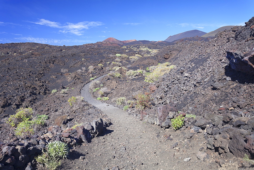 Ruta de los Volcanes hiking path, Teneguia Volcano left, San Antonio Volcano middle, Monumento Natural de los Volcanes de Teneguia, La Palma, Canary Islands, Spain, Europe