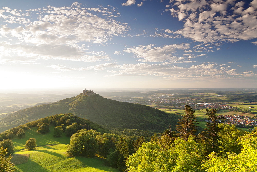 Burg Hohenzollern Castle at sunset, Swabian Alps, Baden-Wurttemberg, Germany, Europe