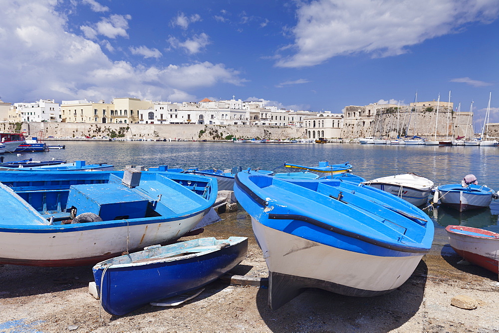 Fishing boats at the port, old town with castle, Gallipoli, Lecce province, Salentine Peninsula, Puglia, Italy, Europe