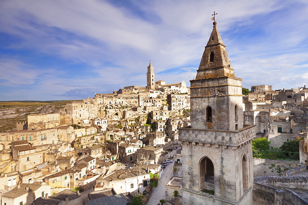 Bell tower of Chiesa di San Pietro Barisano, view over Sasso Barisano, UNESCO World Heritage Site, Matera, Basilicata, Puglia, Italy, Europe